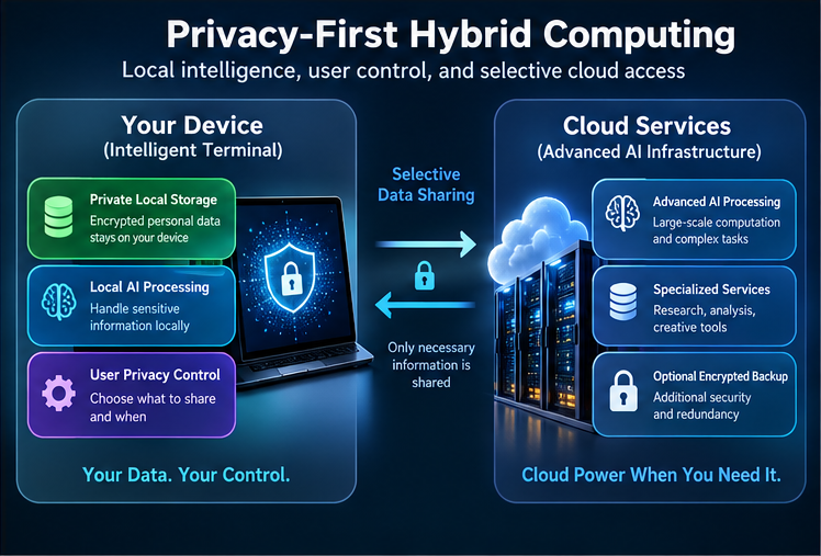Privacy-first hybrid computing: encrypted local data and local AI feed a permission-based task router that sends only necessary information to cloud AI services.